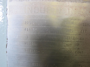 MOTOR, ELECTRIC TYPE, 2250 HORSEPOWER, 4160VAC ELEC RATING, 1200 RATED RPM, V8040 FRAME, 276FLC AMPS, WEATHERPROOF ENCLOSURE, 1.15 SERVICE FACTOR. WITH 6 1000WATT, 3/60/575VOLT HEATERS, OPERATED AT 480VAC (W-50) LOADING & HANDLING FEE $500-